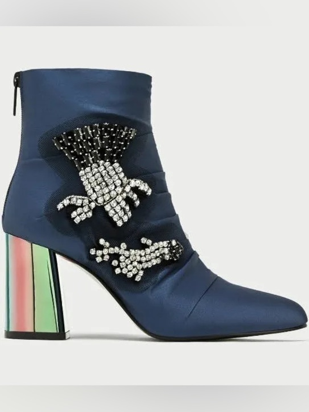 New Zara Jeweled Satin Ankle Navy Boots with Silver Block Heels,
